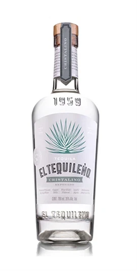 Flaske El Tequileño Cristalino Reposado Tequila med krystalklar væske og enkel etiket